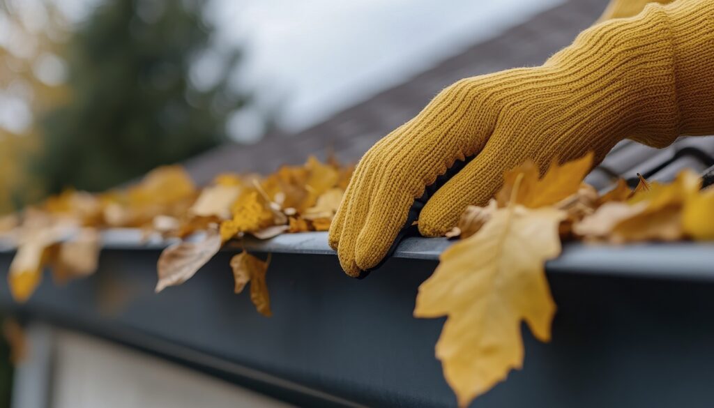 an image of home maintenance - swiping leaves out of the gutter