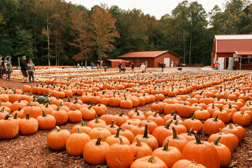 Families exploring a pumpkin patch filled with pumpkins during the fall season.