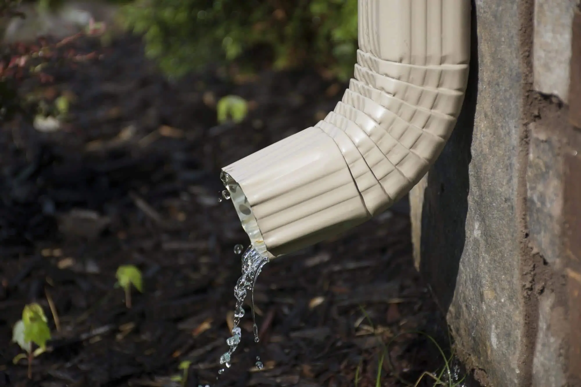 Rainwater flowing from a downspout beside a home’s foundation.
